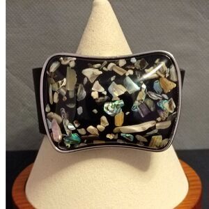 Vintage Cuff Bracelet Wide Leather, Large Decorative Buckle with MOP and Abalone